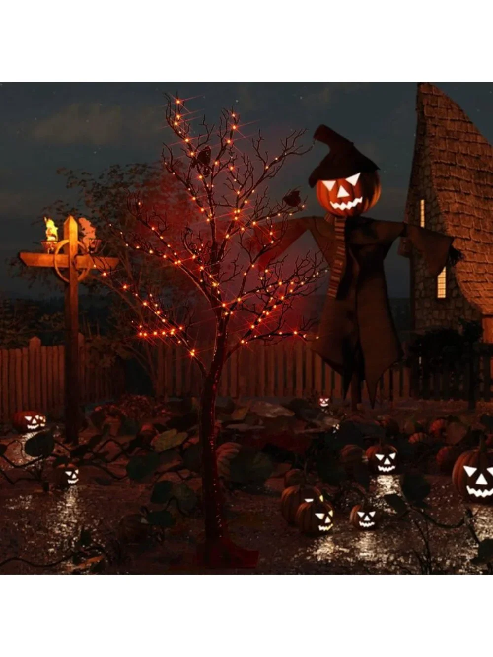 Spooky 4FT Halloween Tree Lights - 150 Orange LED, Plug-In Black Outdoor Decor